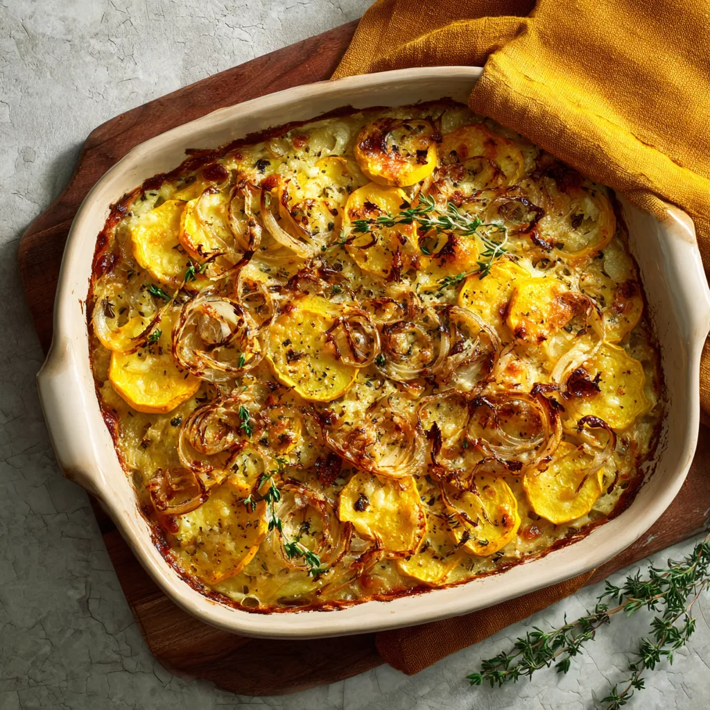 Old-fashioned squash casserole baked with cheese and cracker topping