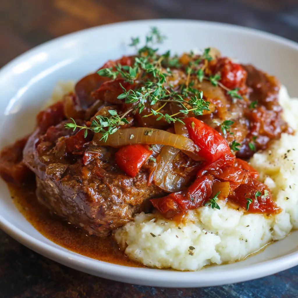 Slow cooker Swiss steak with tender beef smothered in tomato gravy, onions, and peppers.