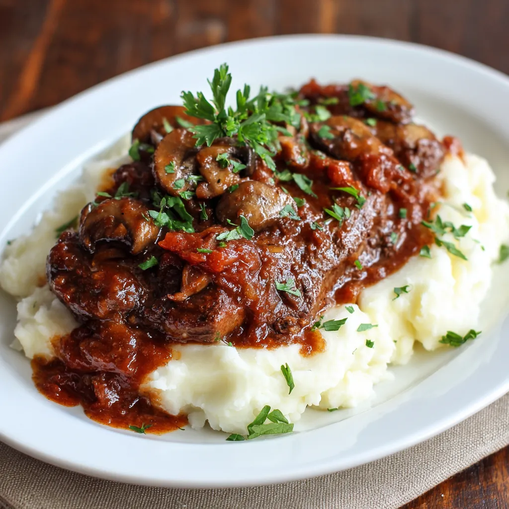Slow cooker Swiss steak with tender beef smothered in tomato gravy, onions, and peppers.