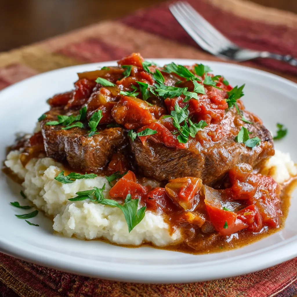 Slow cooker Swiss steak with tender beef smothered in tomato gravy, onions, and peppers.