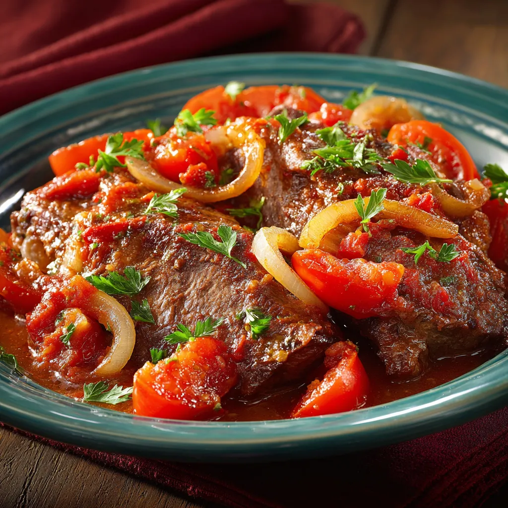 Slow cooker Swiss steak with tender beef smothered in tomato gravy, onions, and peppers.