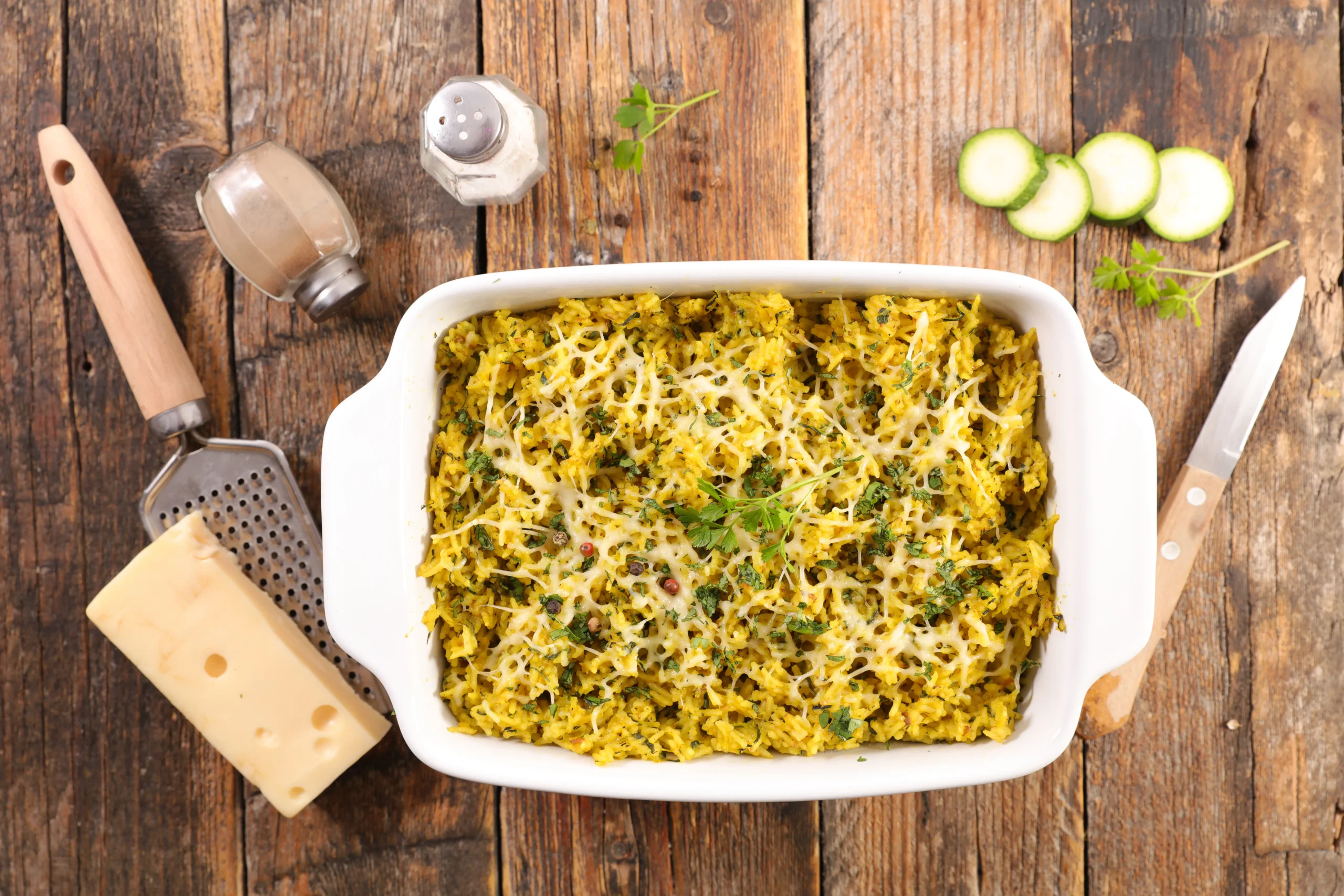 Zucchini noodle pesto bake with melted cheese and fresh basil on top