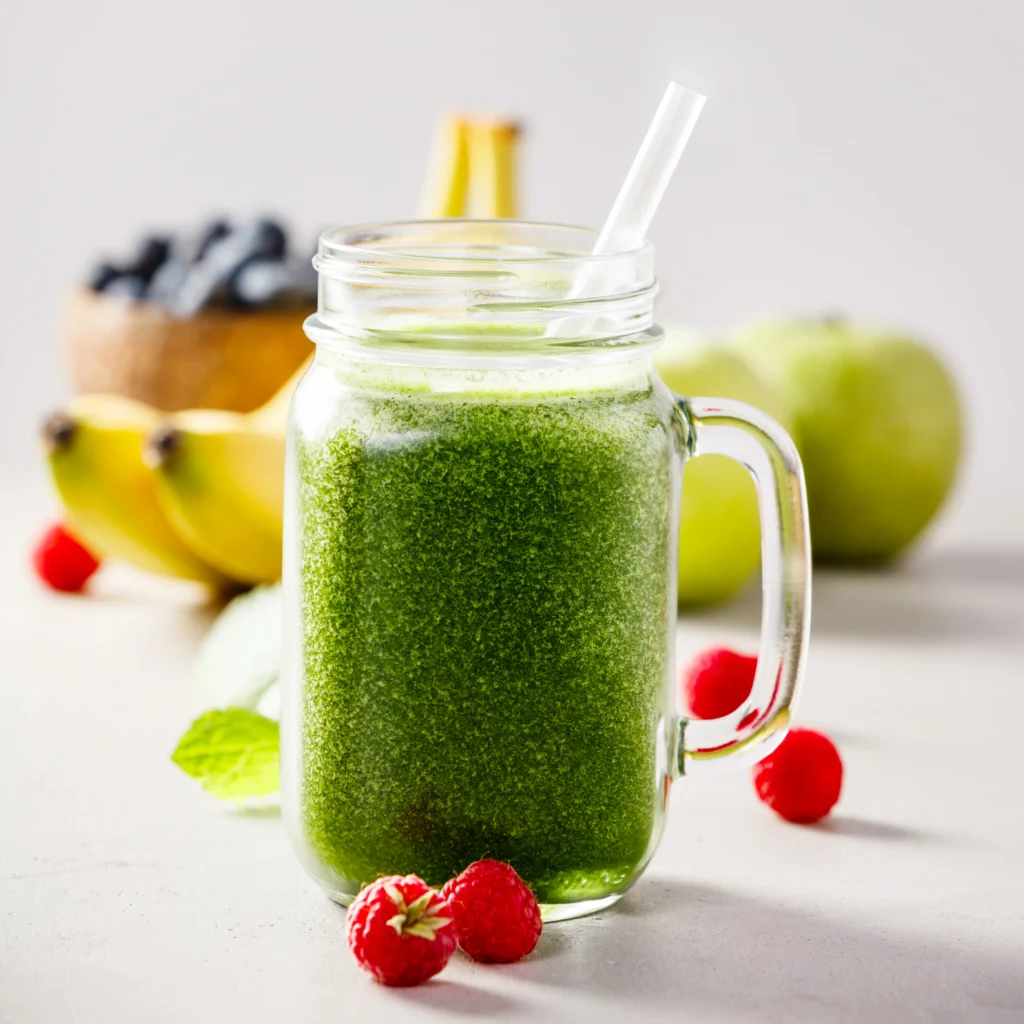 Energizing spirulina and berry smoothie in a glass topped with fresh berries, a healthy green breakfast drink