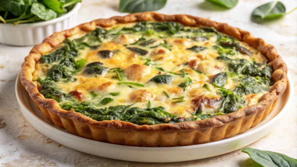 Vegetarian spinach and goat cheese quiche with a golden crust, served fresh from the oven
