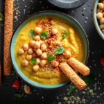Creamy butternut squash and chickpea soup served in a bowl, garnished with fresh herbs.