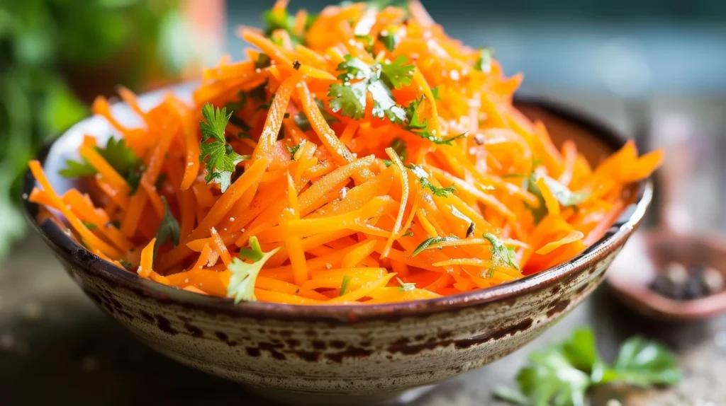 Moroccan Carrot & Orange Salad made with fresh carrots, juicy orange slices, olive oil, and Moroccan spices served in a rustic bowl