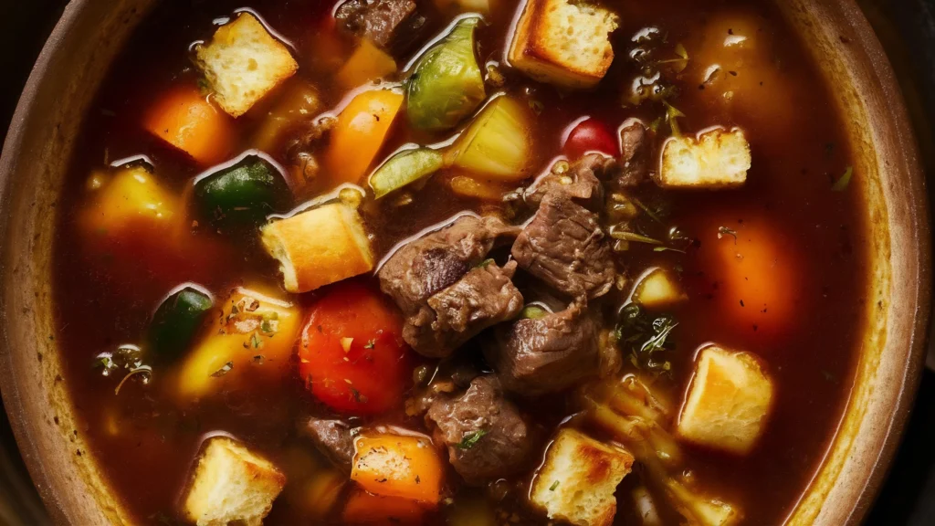 Beef Stew with Root Vegetables
A steaming bowl of hearty beef stew with chunks of tender beef, carrots, potatoes, and parsnips, garnished with fresh herbs, ready to serve.