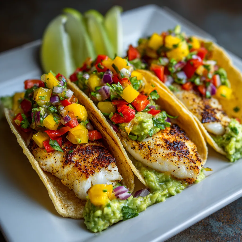 Grilled fish tacos topped with fresh avocado salsa, served on a plate