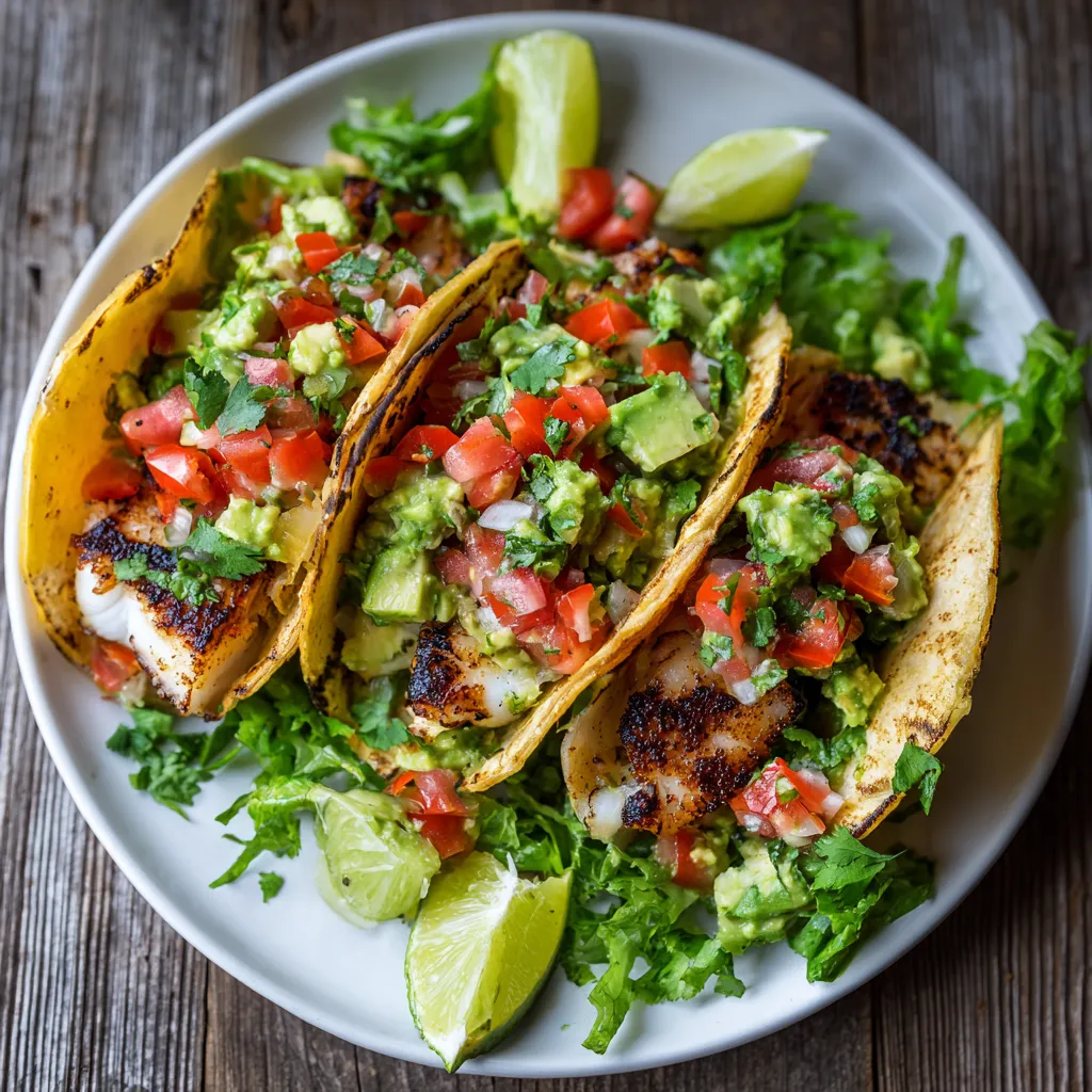 Grilled fish tacos topped with fresh avocado salsa, served on a plate