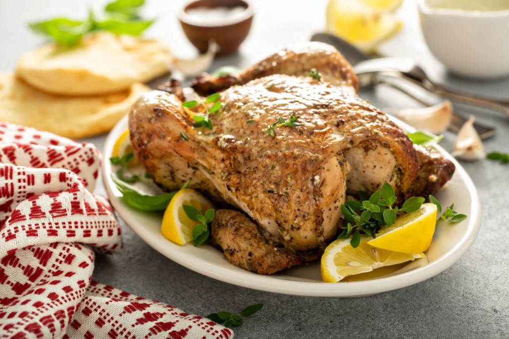 Juicy Herb-Roasted Spatchcock Turkey with crispy skin and fresh herbs on a platter