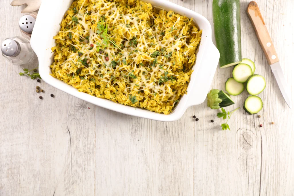 Zucchini noodle pesto bake with melted cheese and fresh basil on top