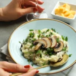 Creamy truffle mushroom risotto served in a white bowl, garnished with parmesan and fresh thyme for a romantic Valentine’s Day dinner at home.