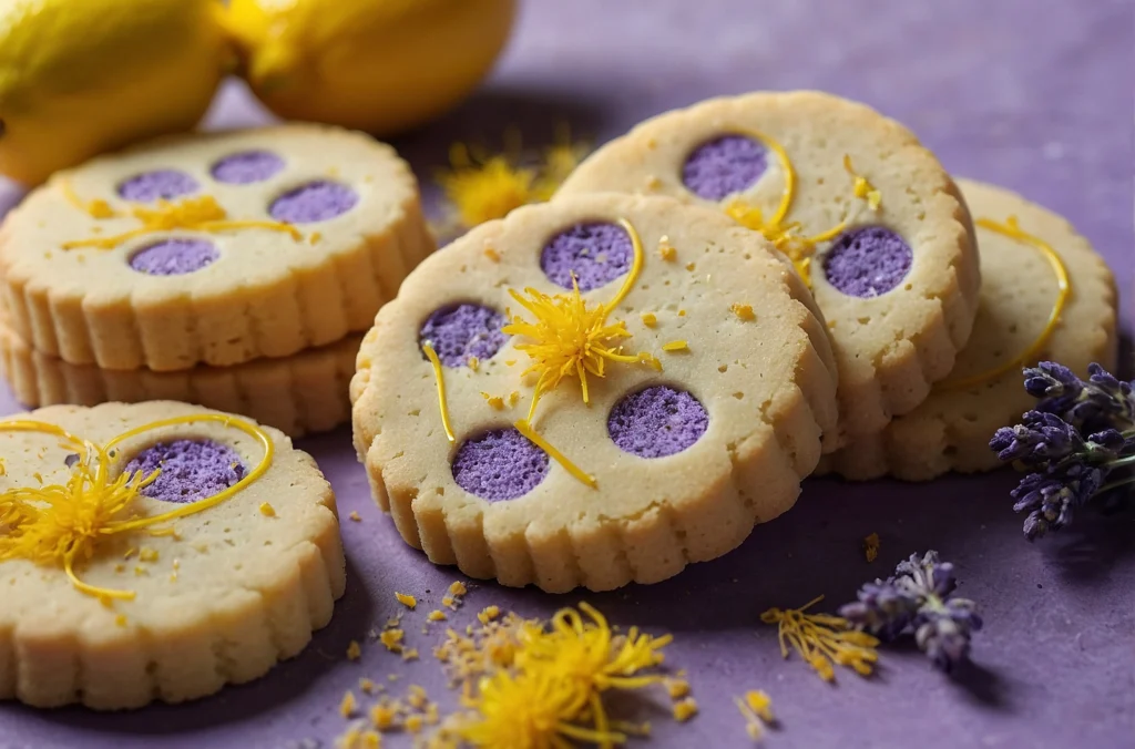 Lavender honey shortbread cookies arranged on a plate with dried lavender and honey, styled for a romantic special occasion dessert