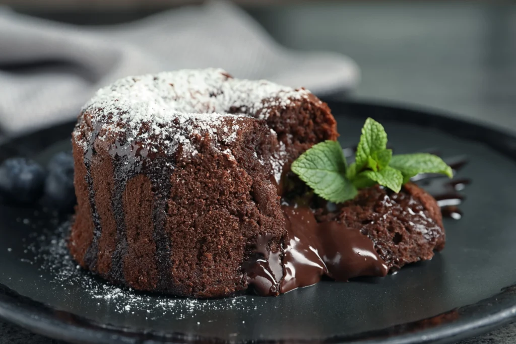 Molten chocolate lava cake for two with warm gooey chocolate center on dessert plate