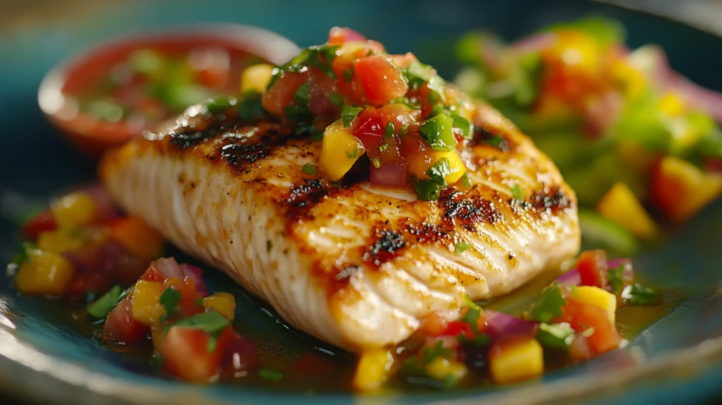 Healthy Mahi Mahi recipe with pan-seared fillet, lemon slices, and fresh herbs served with roasted vegetables.
