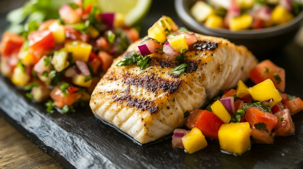 Healthy Mahi Mahi recipe with pan-seared fillet, lemon slices, and fresh herbs served with roasted vegetables.