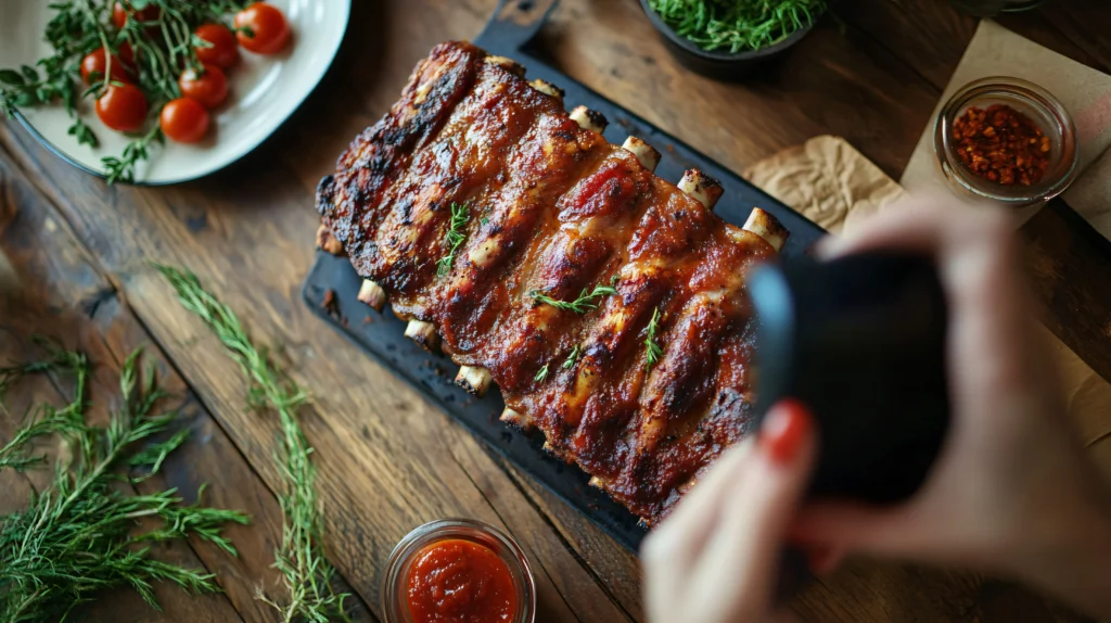 Spicy rib rub seasoning blend being sprinkled over raw pork ribs before grilling