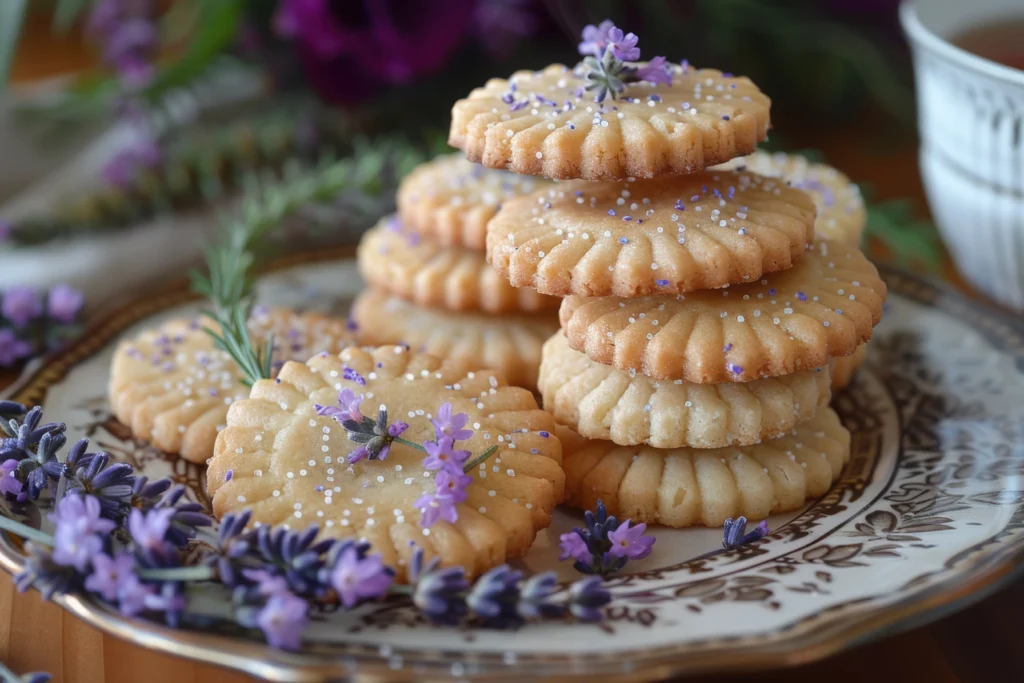 Lavender honey shortbread cookies arranged on a plate with dried lavender and honey, styled for a romantic special occasion dessert