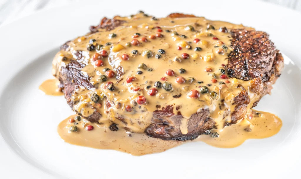 Juicy steak with peppercorn cream sauce sliced on a plate with creamy sauce and fresh cracked pepper on top