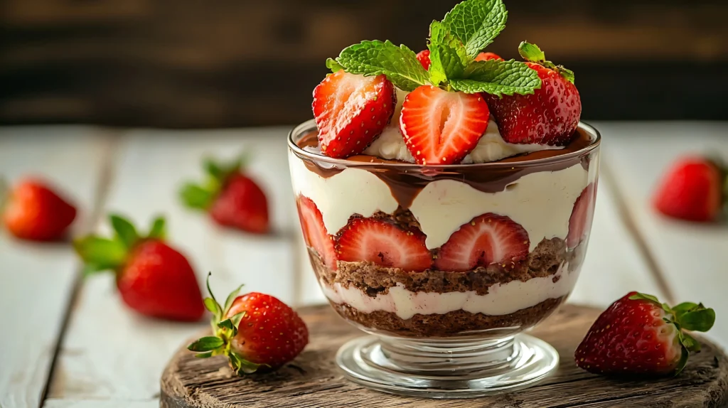 Layered strawberry tiramisu with mascarpone cream and fresh strawberries in a glass dish