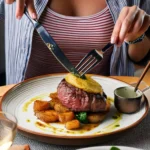 Delicious hamburger steak with rich gravy served on mashed potatoes, garnished with fresh herbs.