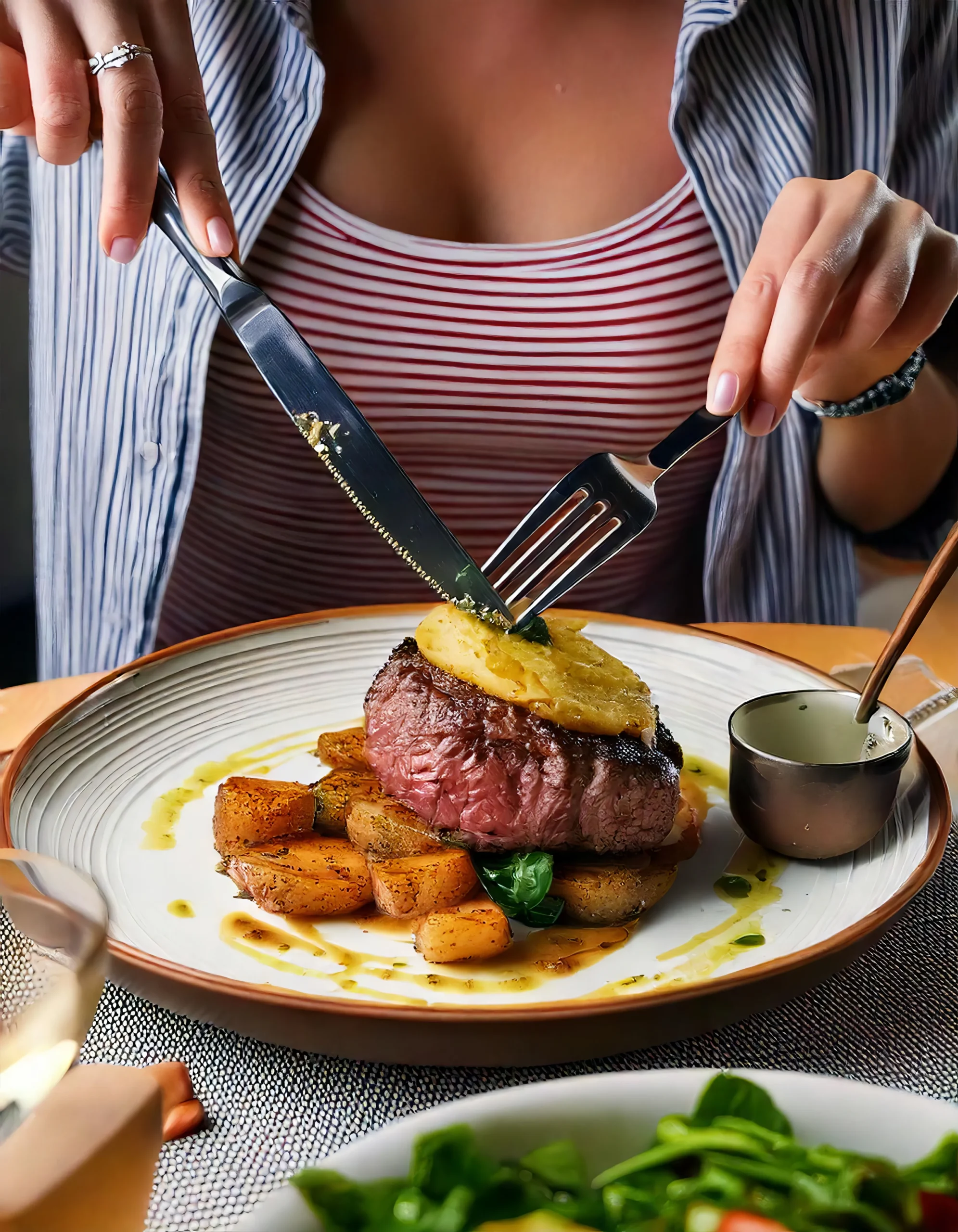 Delicious hamburger steak with rich gravy served on mashed potatoes, garnished with fresh herbs.