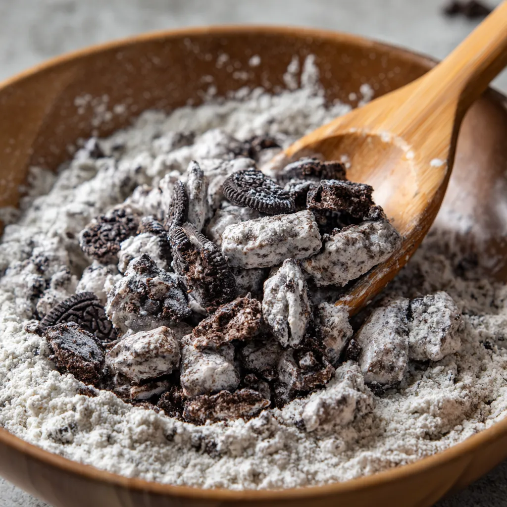 Muddy Buddy
Large batch of Muddy Buddies with chocolate and peanut butter coating