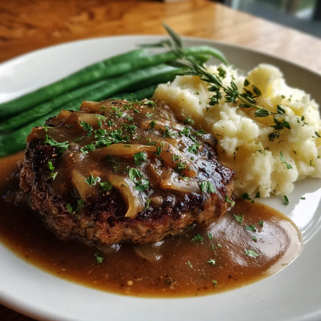 Delicious hamburger steak with rich gravy served on mashed potatoes, garnished with fresh herbs