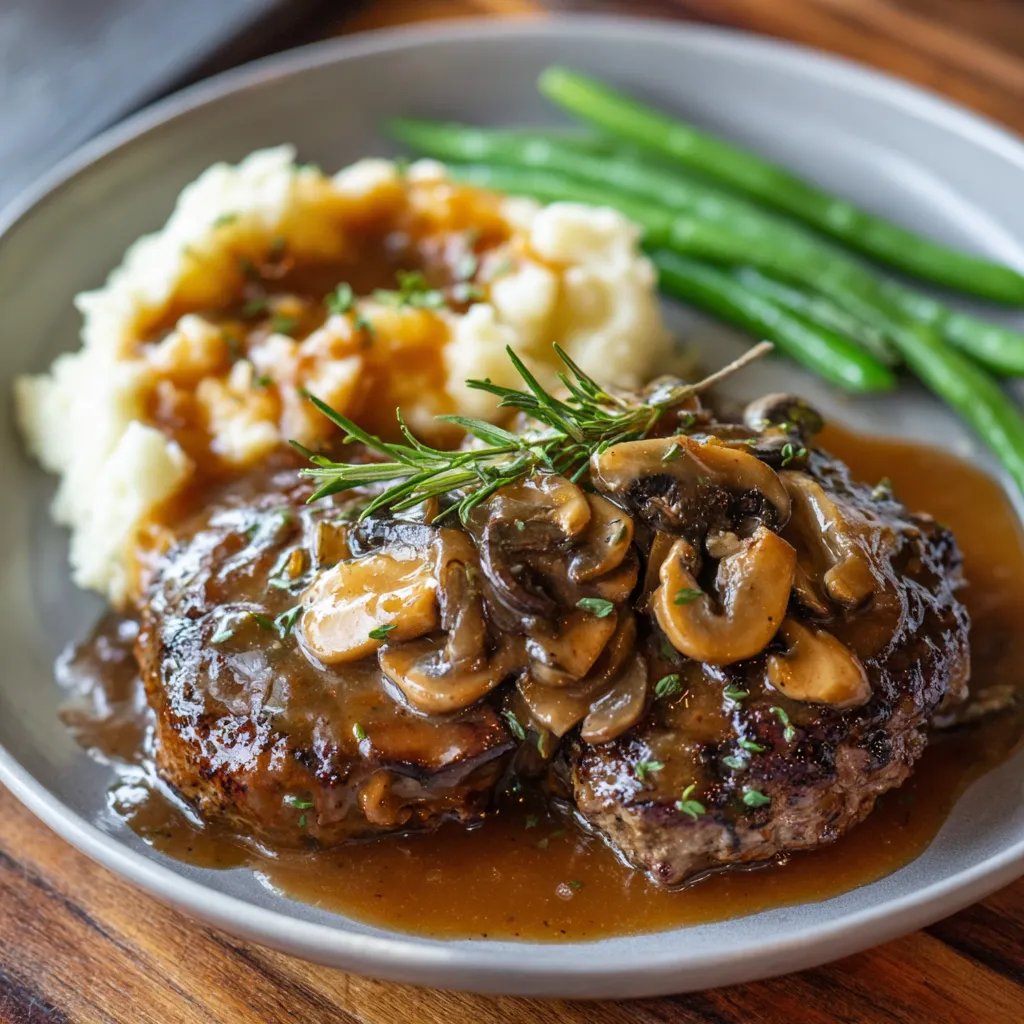 Delicious hamburger steak with rich gravy served on mashed potatoes, garnished with fresh herbs