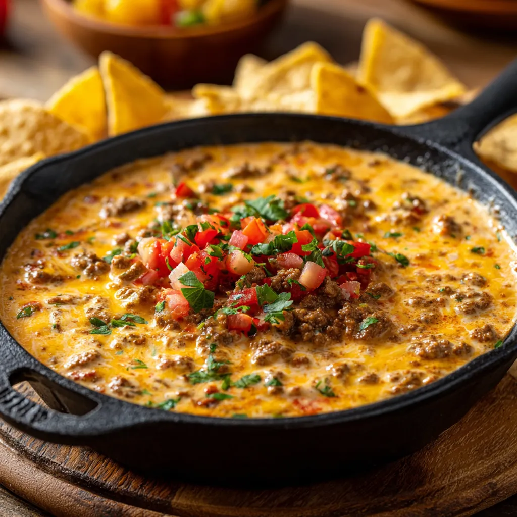 Rotel Dip with Ground Beef and Velveeta served with tortilla chips