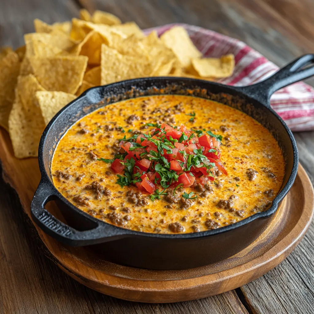 Rotel Dip with Ground Beef and Velveeta served with tortilla chips