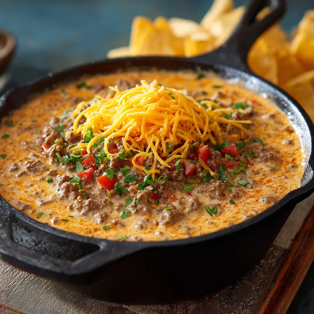 Rotel Dip with Ground Beef and Velveeta served with tortilla chips