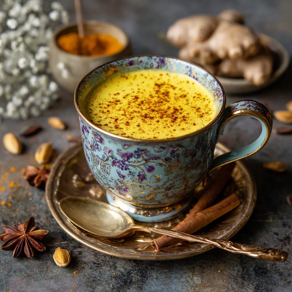 Spiced Golden Turmeric Latte in a ceramic mug with cinnamon sticks and fresh turmeric on a wooden table