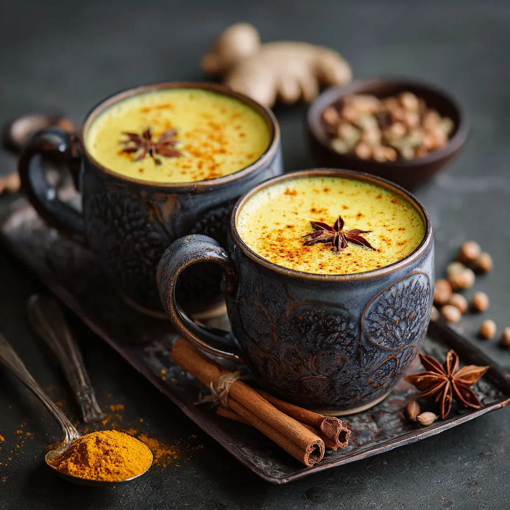 Spiced Golden Turmeric Latte in a ceramic mug with cinnamon sticks and fresh turmeric on a wooden table