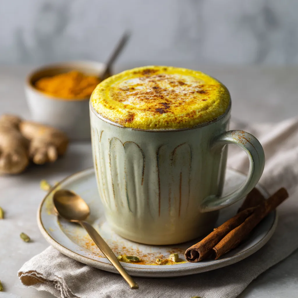 Spiced Golden Turmeric Latte in a ceramic mug with cinnamon sticks and fresh turmeric on a wooden table