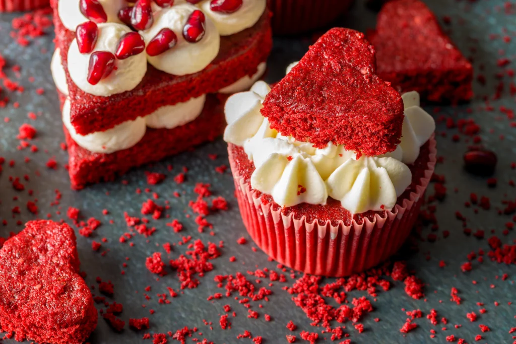 Delicious red velvet cupcakes topped with creamy cream cheese frosting, perfect for Valentine’s Day