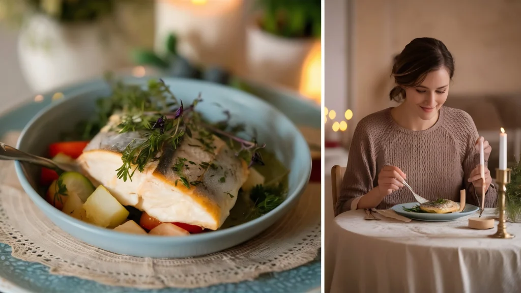 Healthy Mahi Mahi recipe with pan-seared fillet, lemon slices, and fresh herbs served with roasted vegetables.