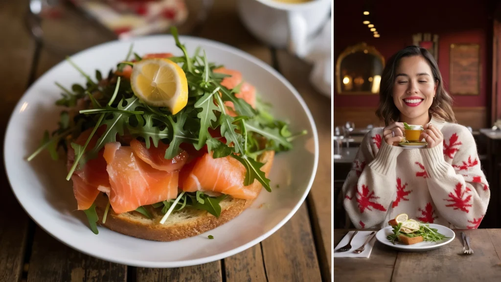 Smoked salmon crostini topped with fresh dill and capers on a bed of herb-infused cream cheese and toasted baguette slices.