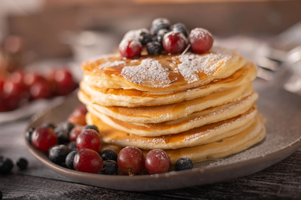 Stack of fluffy classic Bisquick pancakes topped with butter and maple syrup on a breakfast plate
