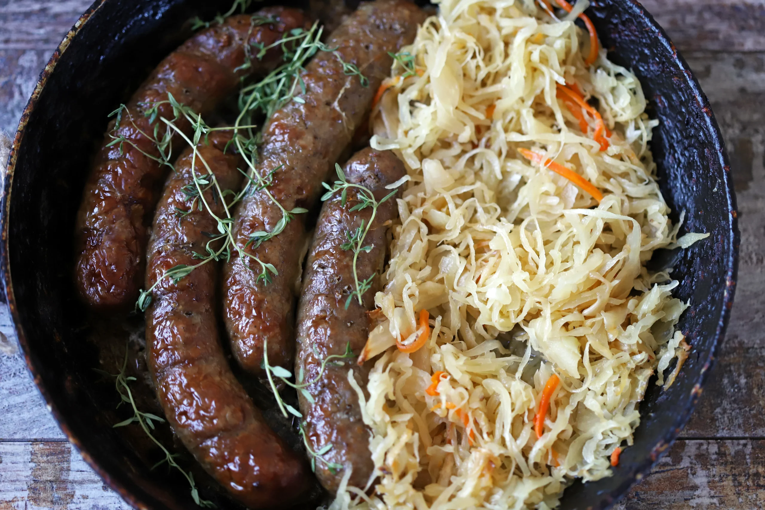 German-style bratwurst served with sauerkraut on a rustic plate, traditional sausage recipe with mustard and herbs