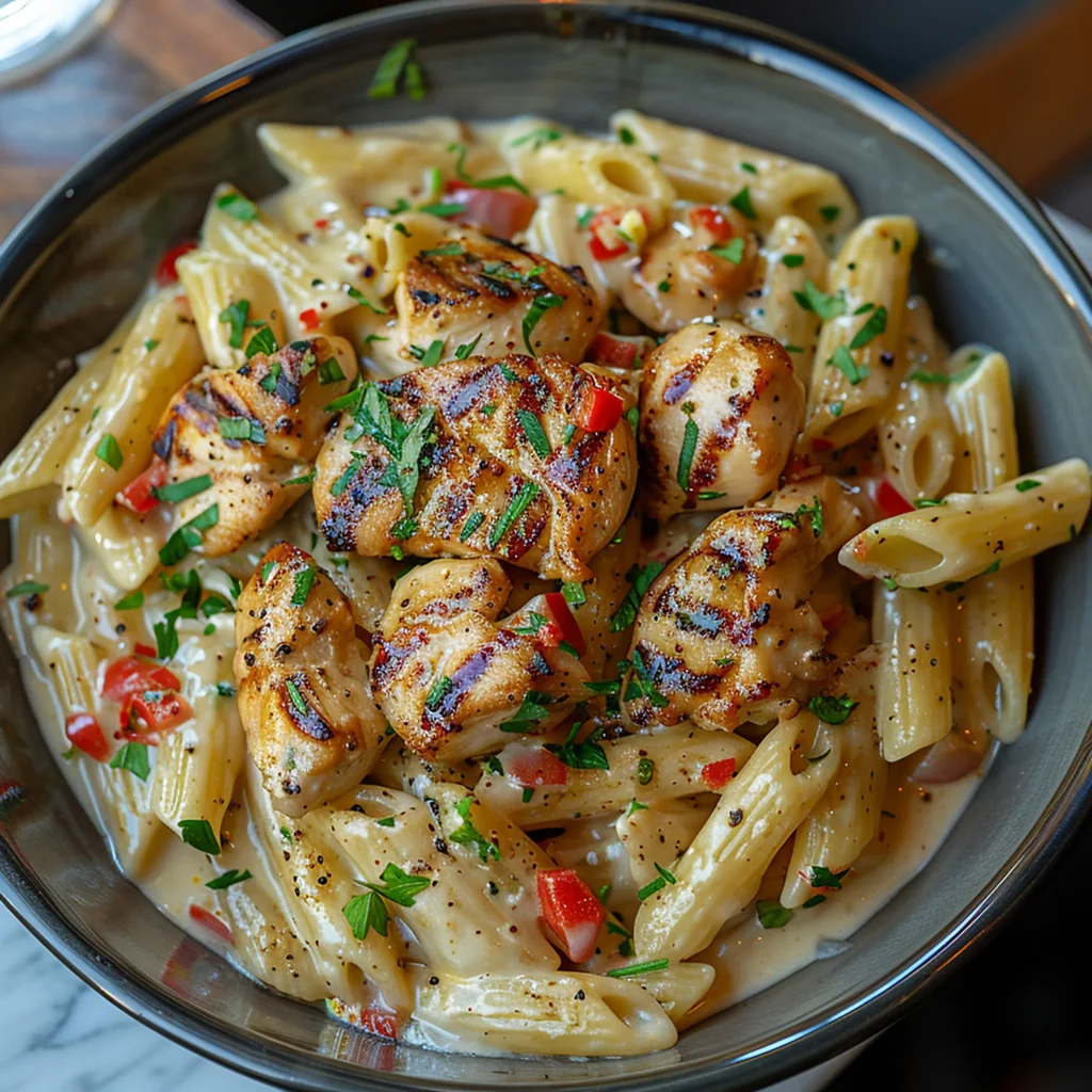 Creamy Rasta pasta with colorful bell peppers and jerk chicken served in a white bowl