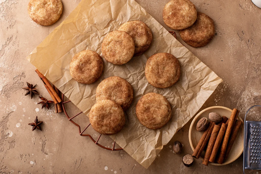Chewy snickerdoodle cookies coated in cinnamon sugar on a baking tray