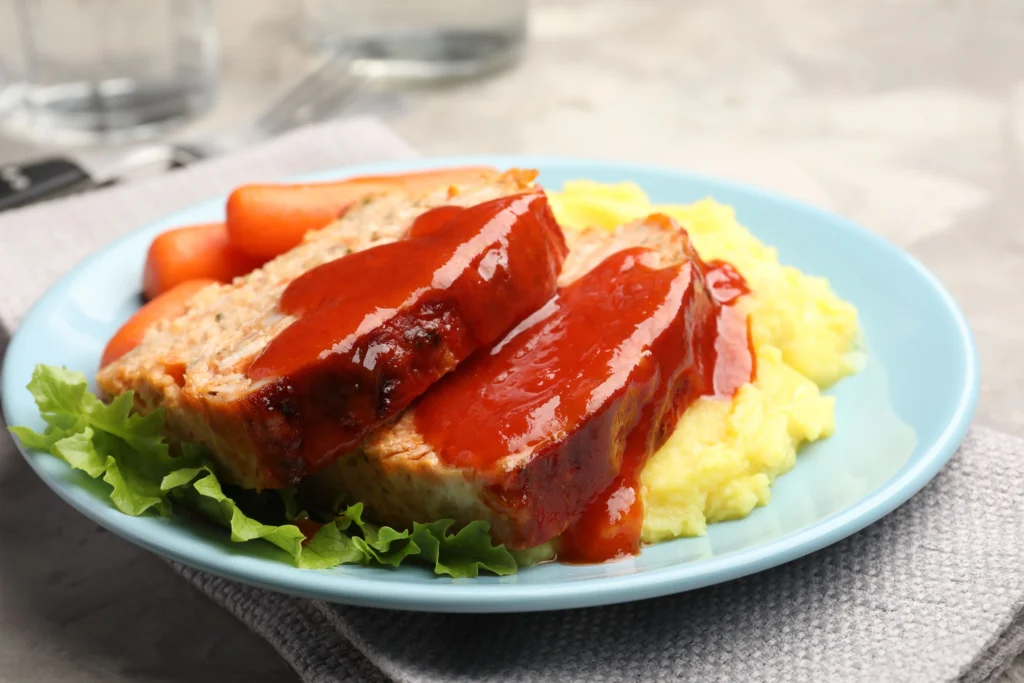 Easy homemade Cracker Barrel-style meatloaf on a plate with mashed potatoes and gravy