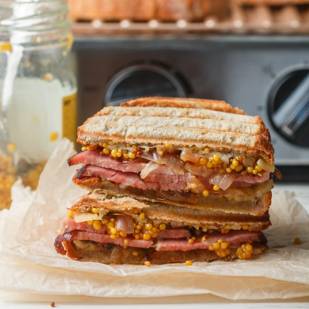 Pastrami Recipe
Delicious quick pastrami sandwich with rye bread, pickles, and mustard ready to serve