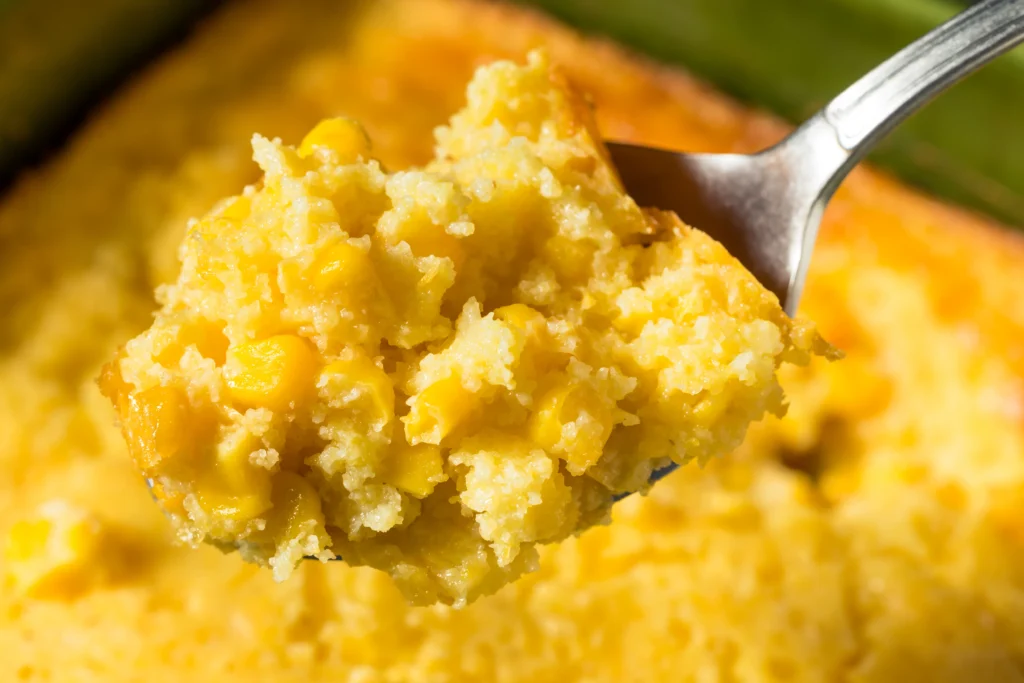 Southern Jiffy Corn Casserole in a golden-baked dish, creamy and cheesy, ready to serve