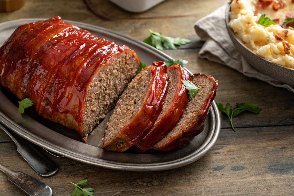 Easy homemade Cracker Barrel-style meatloaf on a plate with mashed potatoes and gravy