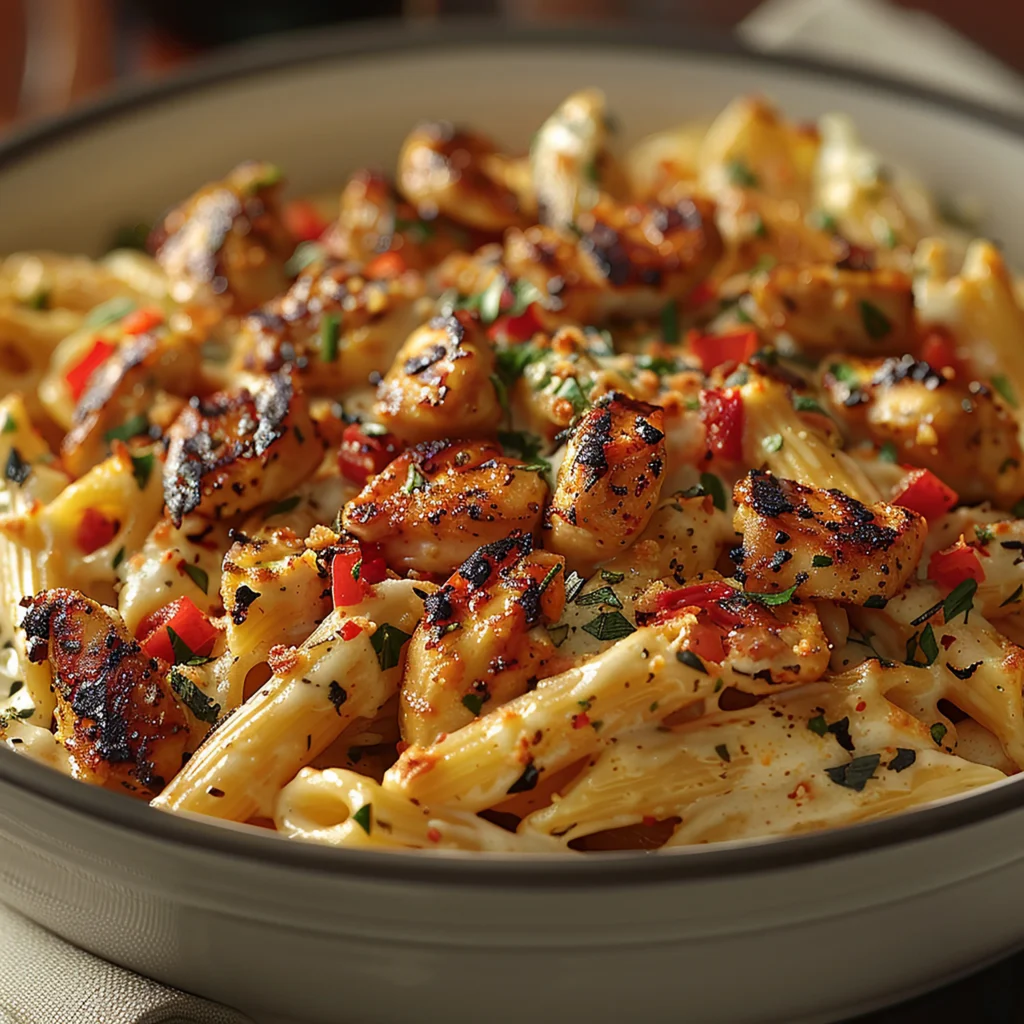 Creamy Rasta pasta with colorful bell peppers and jerk chicken served in a white bowl