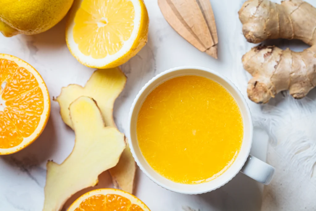 Ginger Shot Recipe
Fresh ginger shot in a small glass with lemon and turmeric for natural morning energy boost