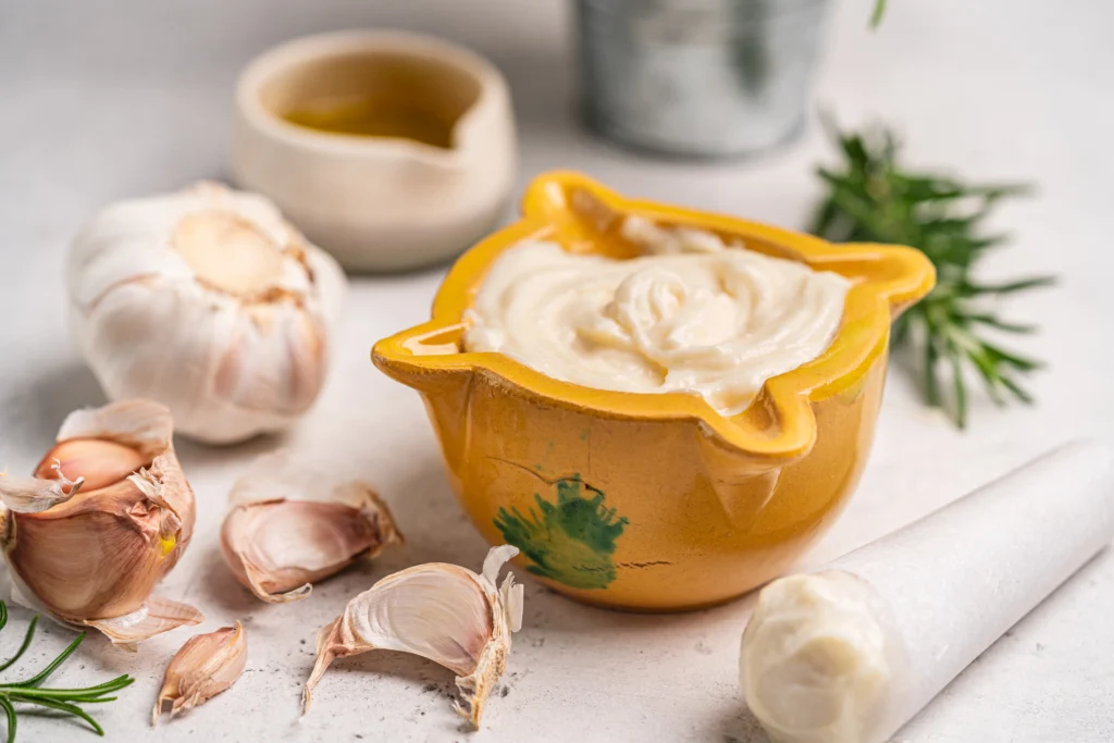 Vegan Garlic Aioli Recipe
Vegan garlic aioli in a small bowl, creamy and smooth, served with fresh herbs and dipping vegetables, egg-free and dairy-free sauce.