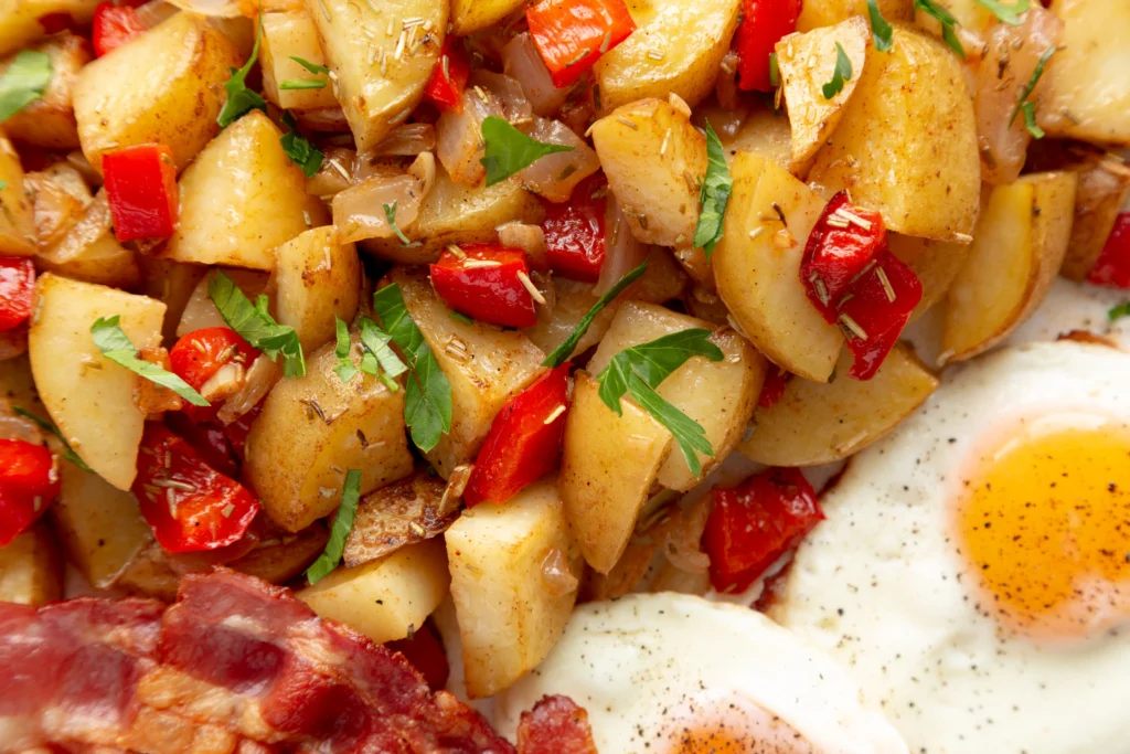 Savory corned beef hash with crispy potatoes, onions, and herbs cooked in a skillet